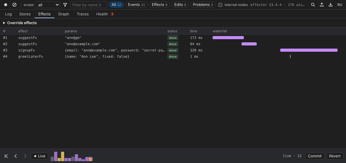 The Effects tab: four calls of suggestFx, signupFx and greetLaterFx with status, time and a waterfall