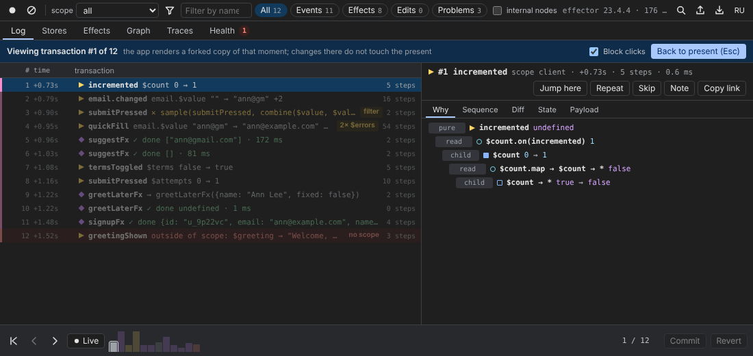 The panel while it shows transaction #1 of 12: a blue banner with Block clicks and Back to present (Esc); later rows are dimmed