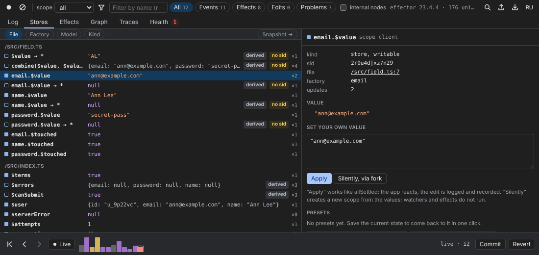 The Stores tab grouped by file; email.$value is selected, with its sid, file, factory, value and an editor with Apply and Silently, via fork
