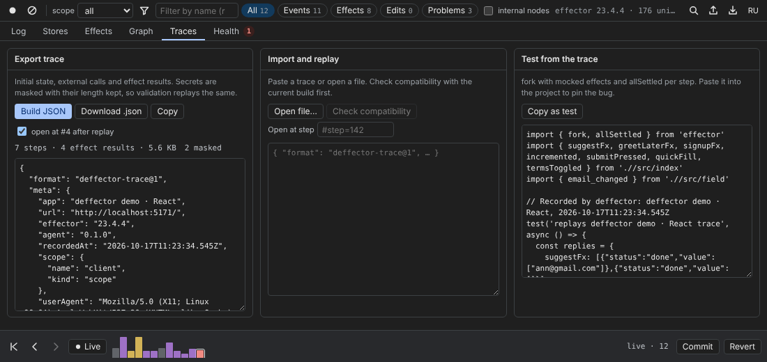 The Traces tab: Export trace with the JSON, Import and replay with Open at step, and Test from the trace with generated vitest code