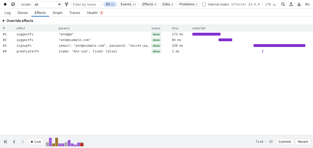 The Effects tab: four calls of suggestFx, signupFx and greetLaterFx with status, time and a waterfall
