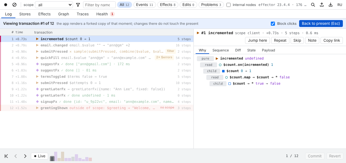 The panel while it shows transaction #1 of 12: a blue banner with Block clicks and Back to present (Esc); later rows are dimmed