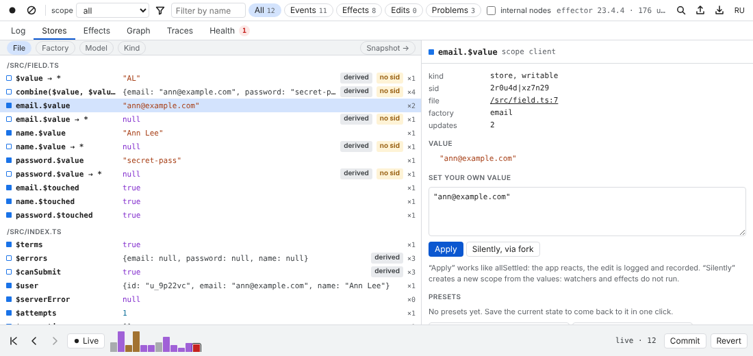 The Stores tab grouped by file; email.$value is selected, with its sid, file, factory, value and an editor with Apply and Silently, via fork