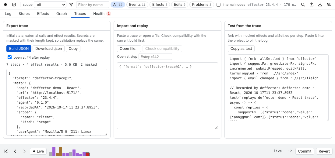 The Traces tab: Export trace with the JSON, Import and replay with Open at step, and Test from the trace with generated vitest code