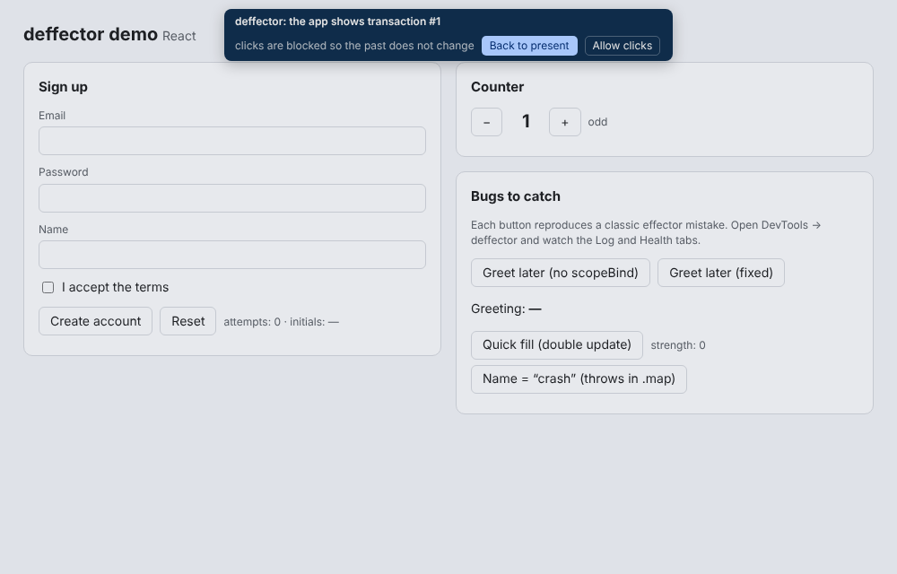 The React demo with Sign up, Counter and “Bugs to catch” (here covered by the past-lock bar after a jump)