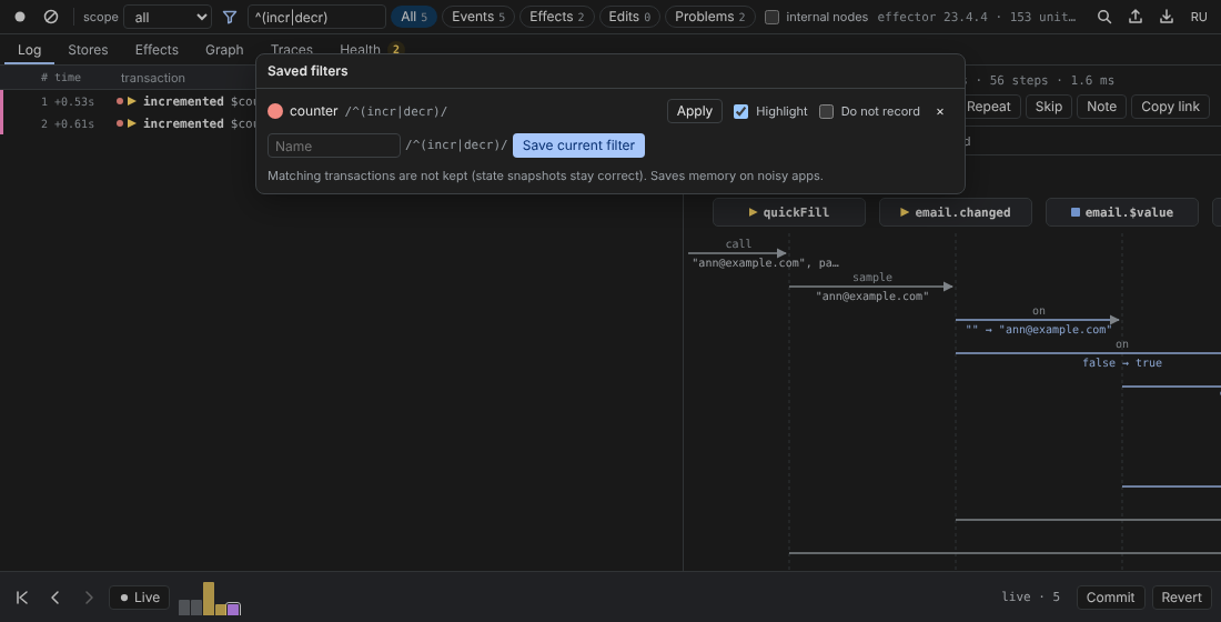 Saved filters: “counter” with /^(incr|decr)/, Apply, Highlight on, Do not record off