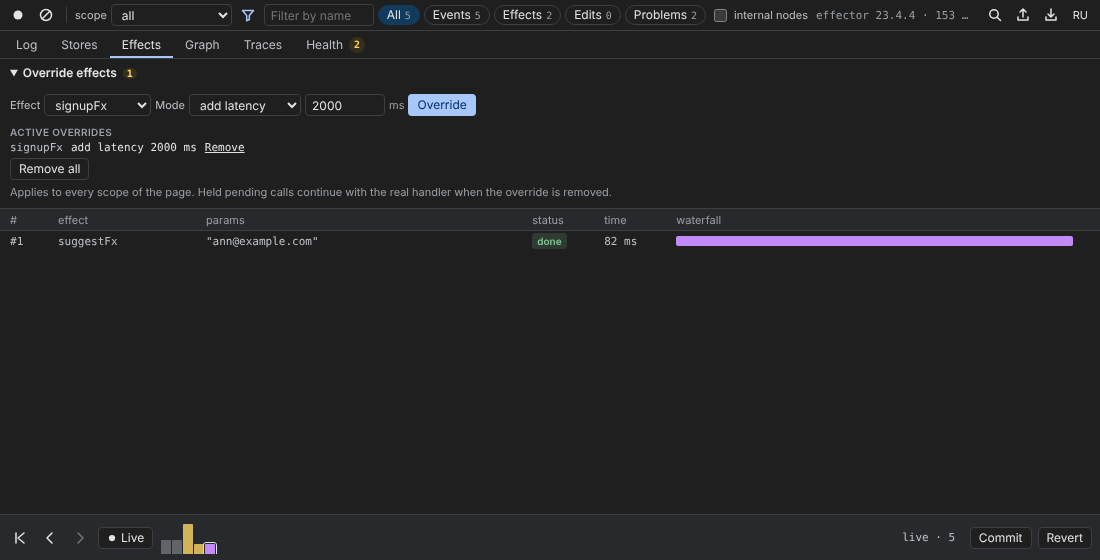 Override effects open: signupFx set to add latency 2000 ms, listed under Active overrides