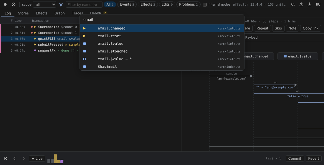 The palette with “email” typed: email.changed, email.reset, email.$value and other units with their files
