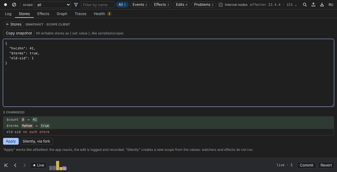 Snapshot view: a pasted { sid: value } object and a diff with 2 changes and one unknown key